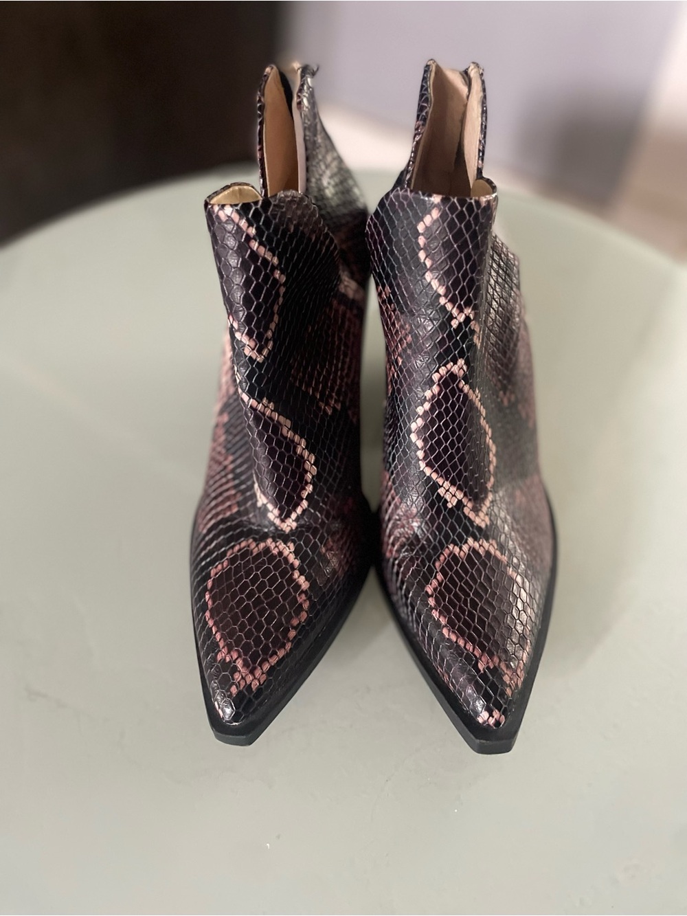Vince Camuto Black & Pink Snake-Print Pointed Ankle Boots